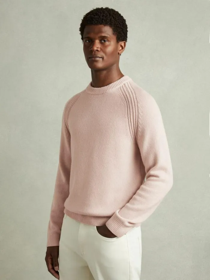 REISS Sweaters Men Wool Blend Raglan Sleeve Jumper Soft Pink