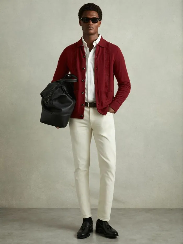 REISS Sweaters Men Wool Cabled Knitted Cardigan Red