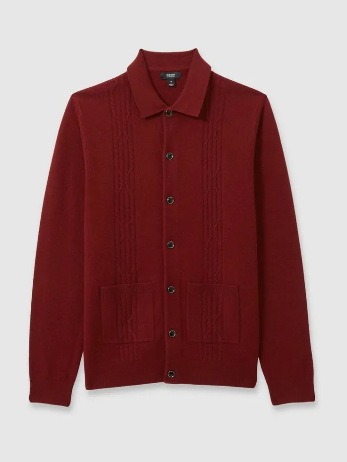 REISS Sweaters Men Wool Cabled Knitted Cardigan Red