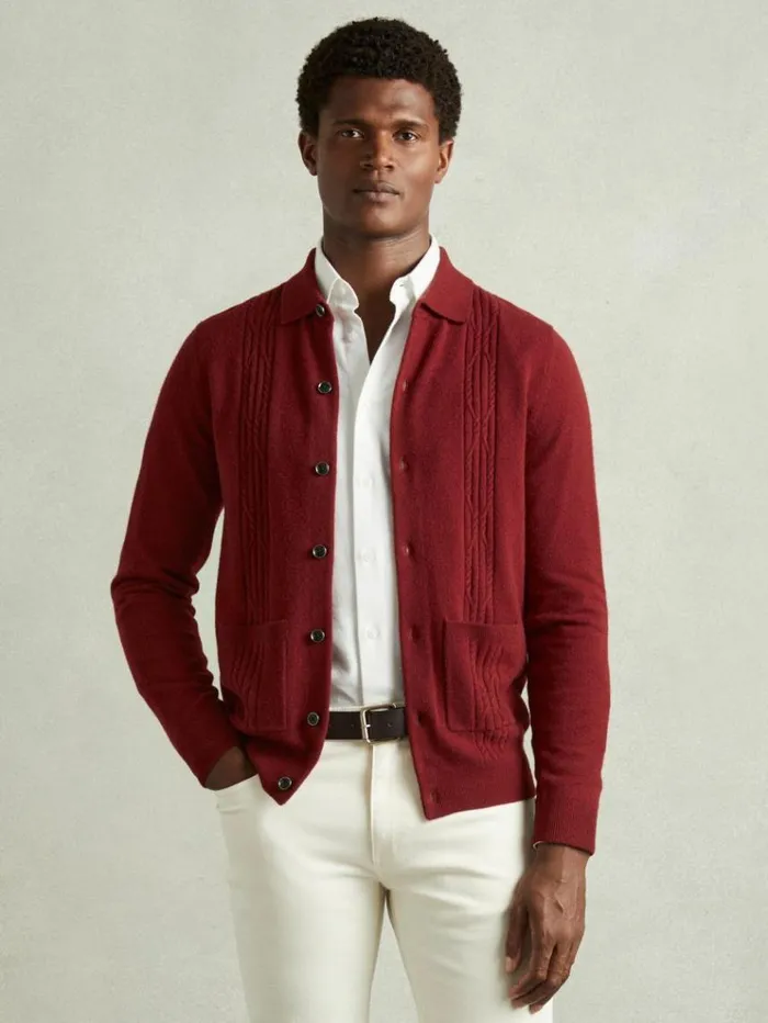 REISS Sweaters Men Wool Cabled Knitted Cardigan Red