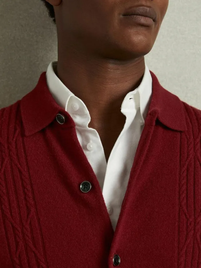 REISS Sweaters Men Wool Cabled Knitted Cardigan Red