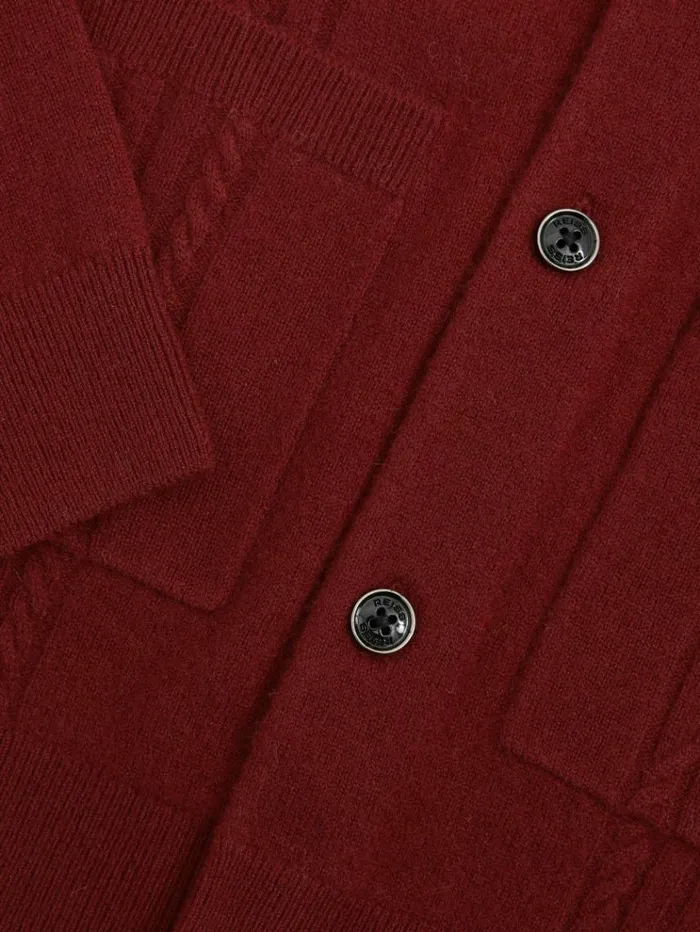 REISS Sweaters Men Wool Cabled Knitted Cardigan Red
