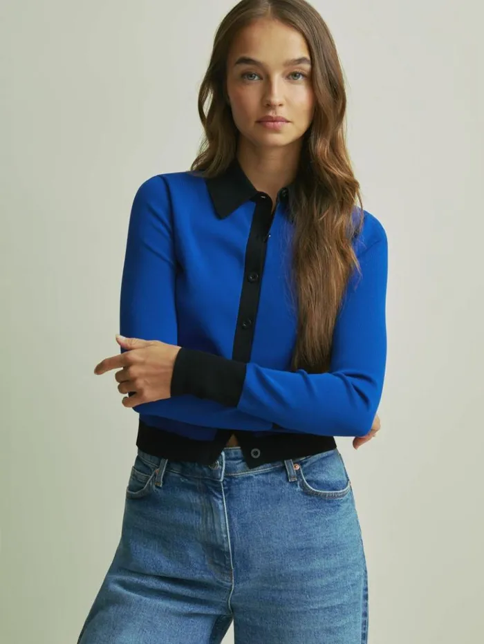 REISS Sweaters Women Florere Bright Blue Contrast Trim Cropped Cardigan Bright Blue