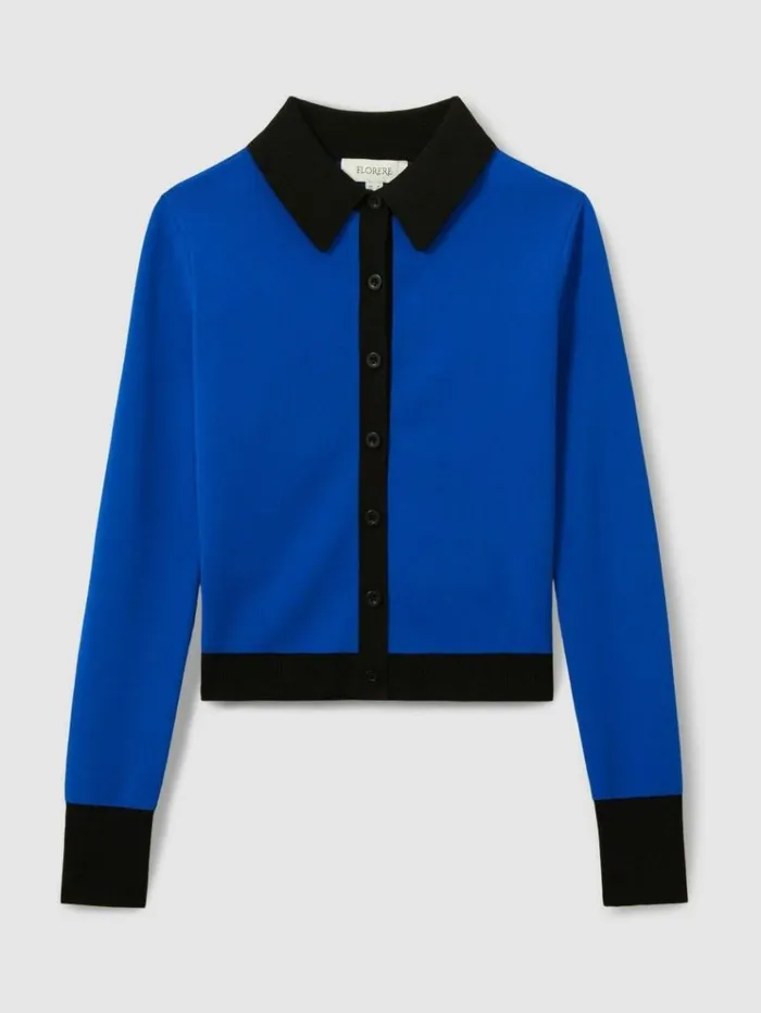 REISS Sweaters Women Florere Bright Blue Contrast Trim Cropped Cardigan Bright Blue