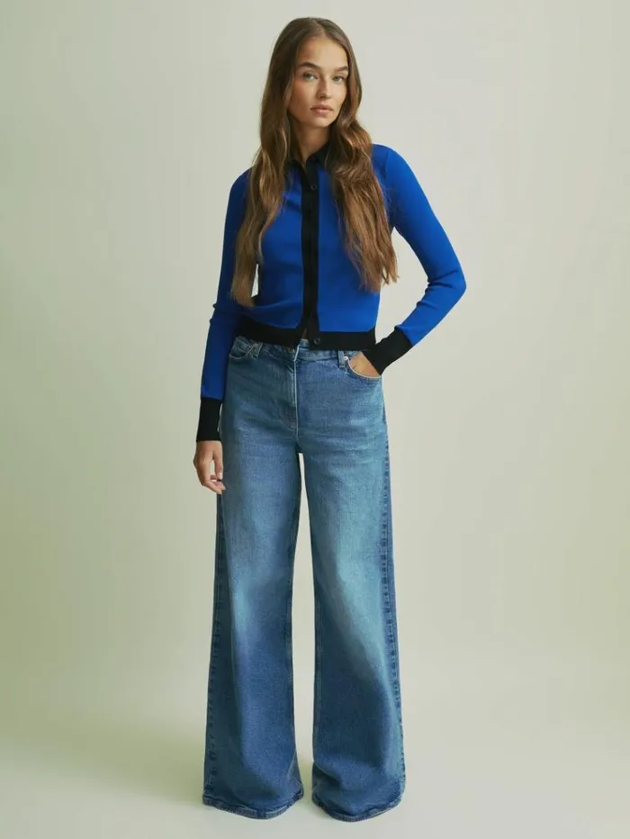REISS Sweaters Women Florere Bright Blue Contrast Trim Cropped Cardigan Bright Blue