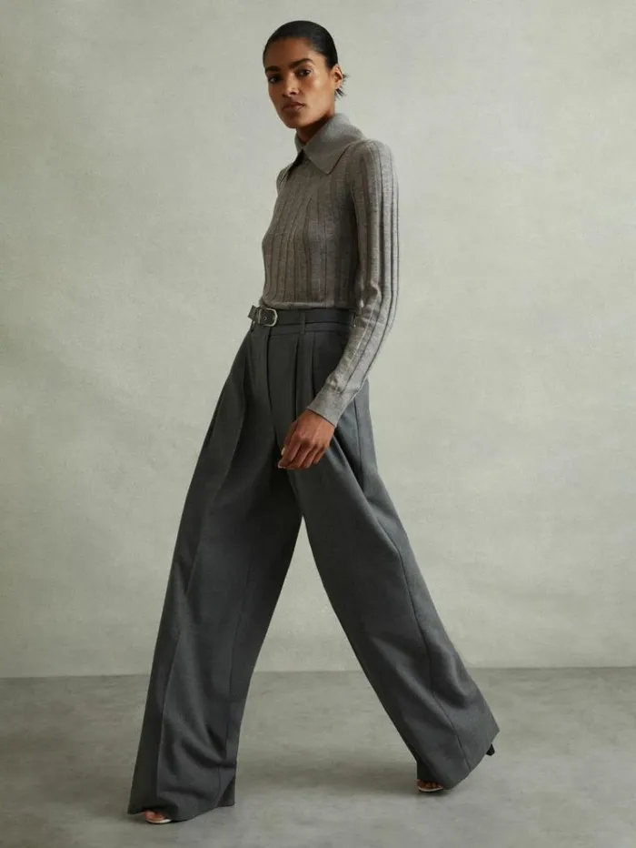 REISS Sweaters Women Ribbed Collared Jumper Grey