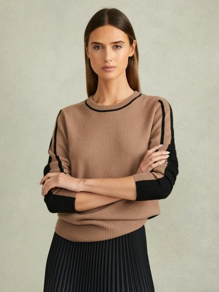REISS Sweaters Women Wool Blend Colourblock Crew Neck Jumper With Cashmere Minkblack