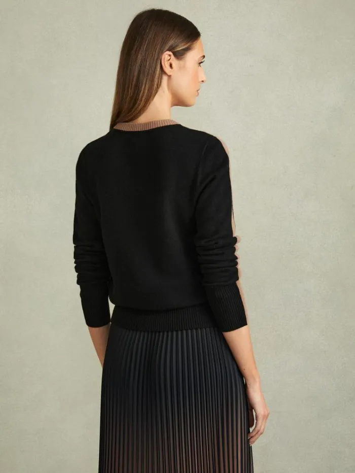 REISS Sweaters Women Wool Blend Colourblock Crew Neck Jumper With Cashmere Minkblack