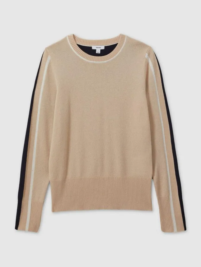 REISS Sweaters Women Wool Blend Colourblock Crew Neck Jumper With Cashmere Neutralnavy