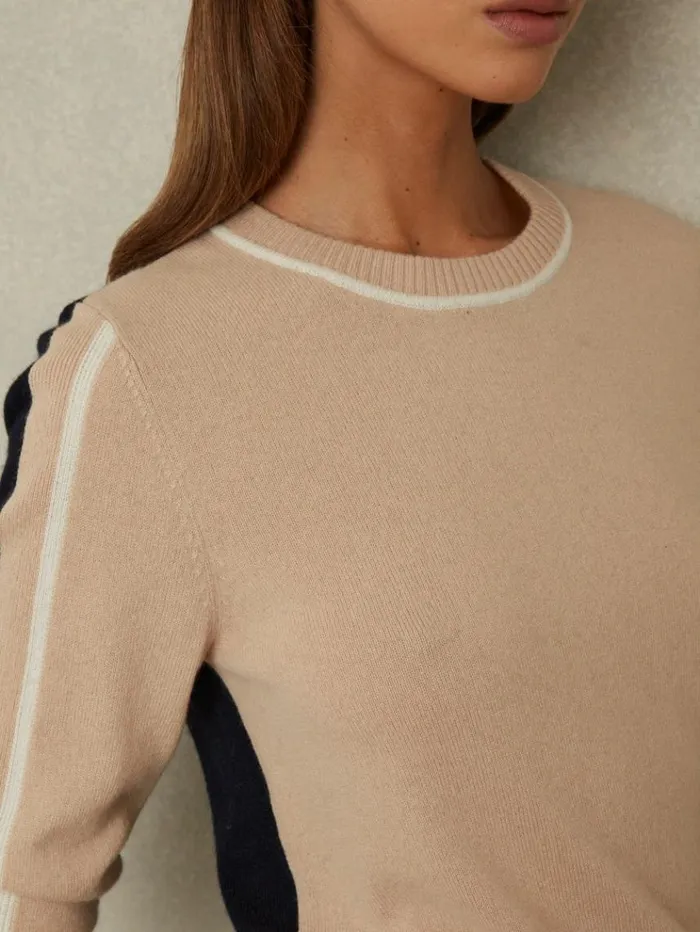 REISS Sweaters Women Wool Blend Colourblock Crew Neck Jumper With Cashmere Neutralnavy