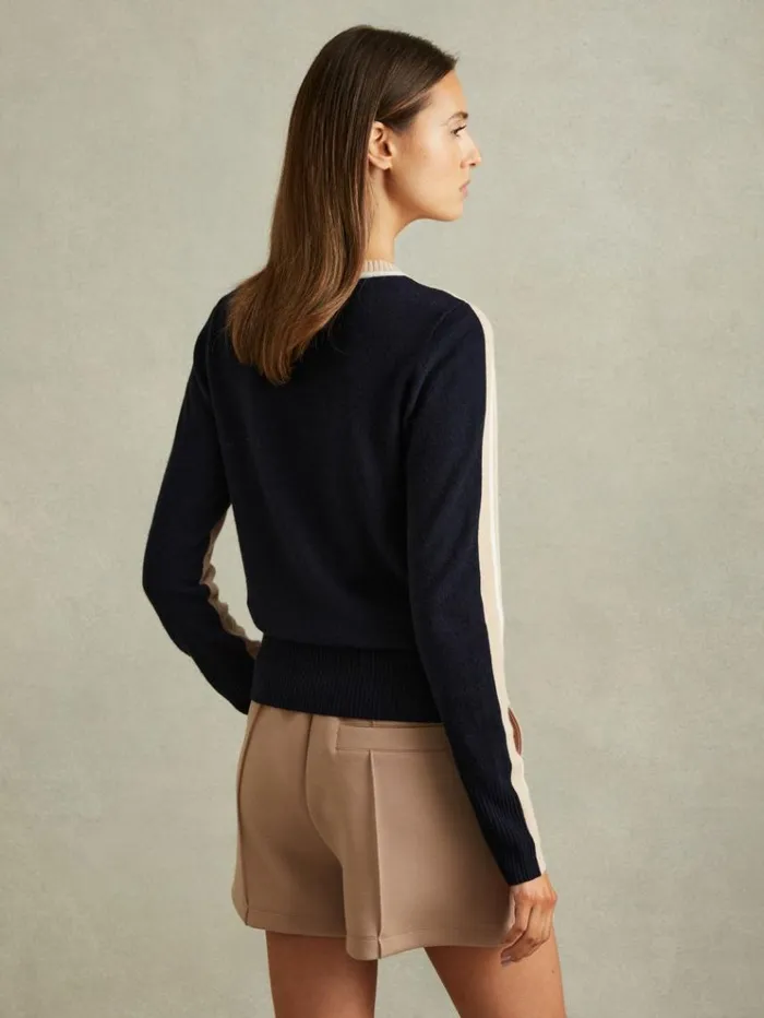 REISS Sweaters Women Wool Blend Colourblock Crew Neck Jumper With Cashmere Neutralnavy