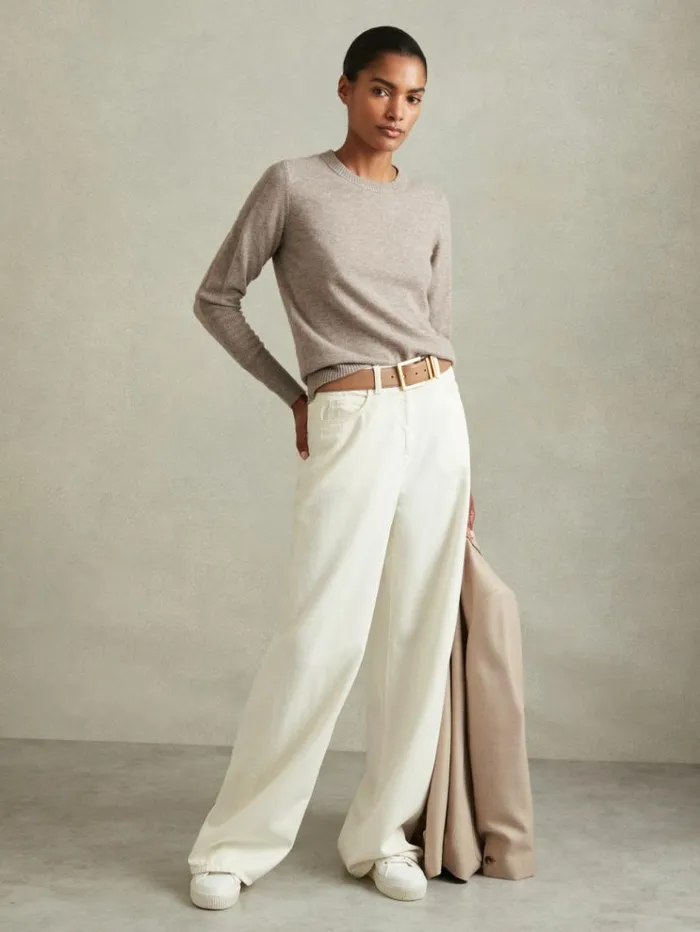 REISS Sweaters Women Wool Blend Crew Neck Jumper With Cashmere Neutral