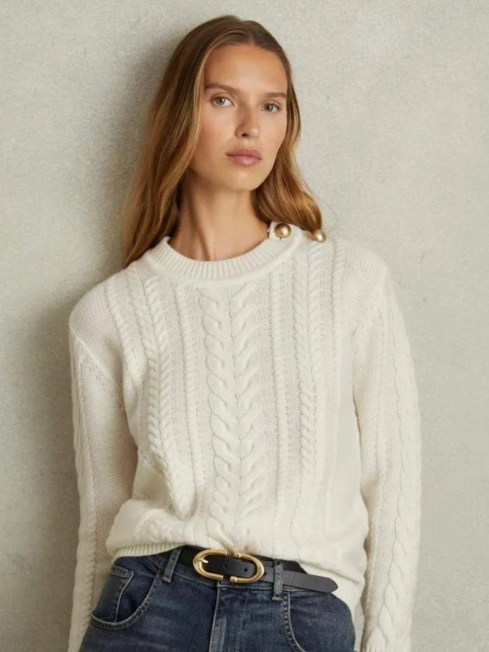REISS Sweaters Women WoolCashmere Cable Knit Jumper Cream