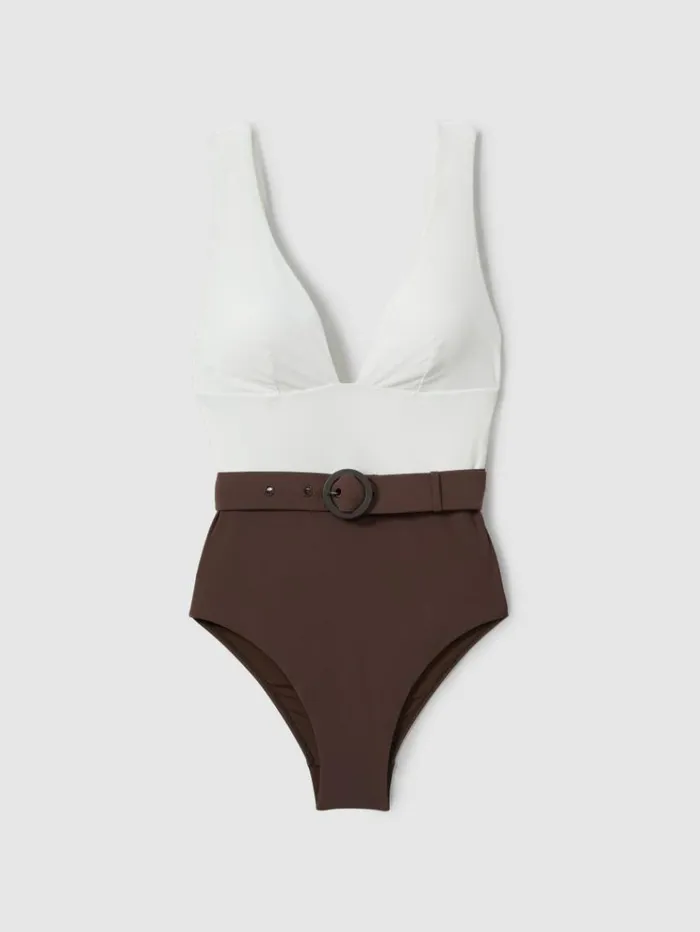 REISS Swimwear Women Colourblock Belted Swimsuit Ivorychocolate