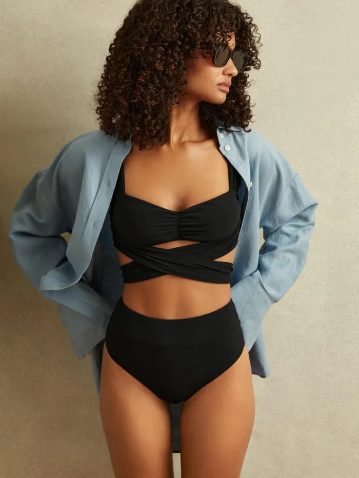 REISS Swimwear Women High Rise Bikini Bottoms Black