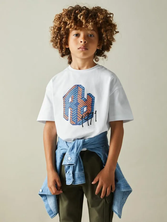 REISS TShirts Children Oversized Cotton Graffiti Print Crew Neck TShirt Optic White