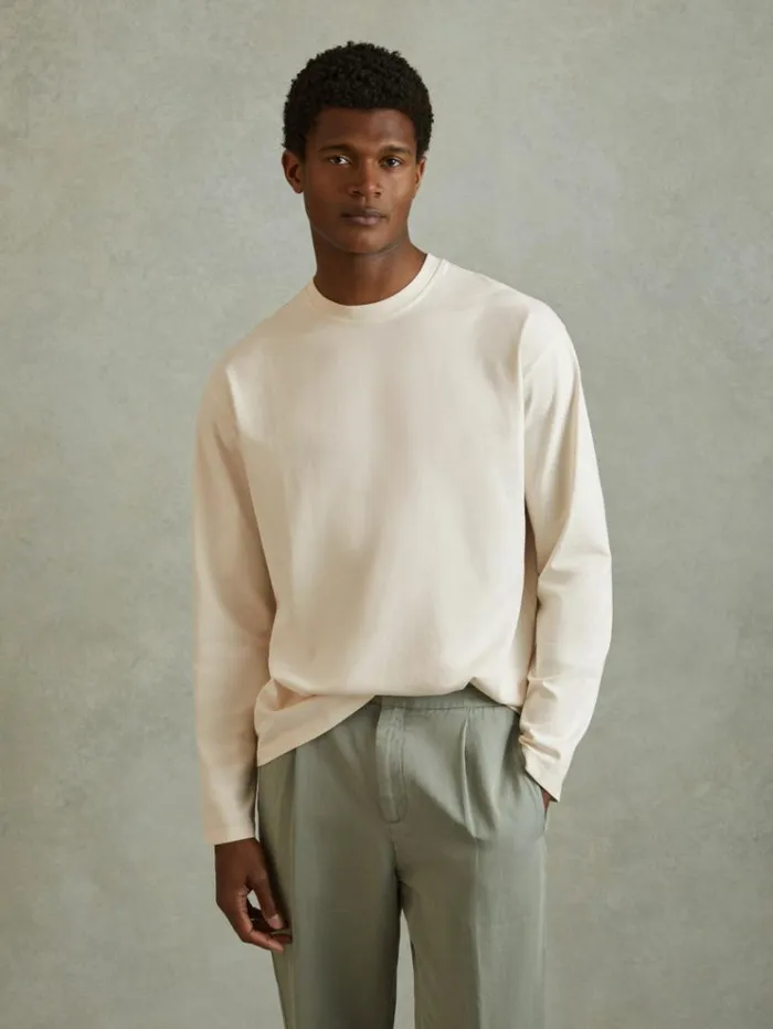 REISS TShirts Men Cotton Crew Neck Long Sleeve TShirt Off White