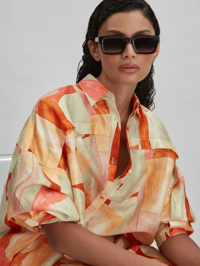 REISS Tops Women Acler Geometric Print Relaxed Fit Shirt Orange Multi