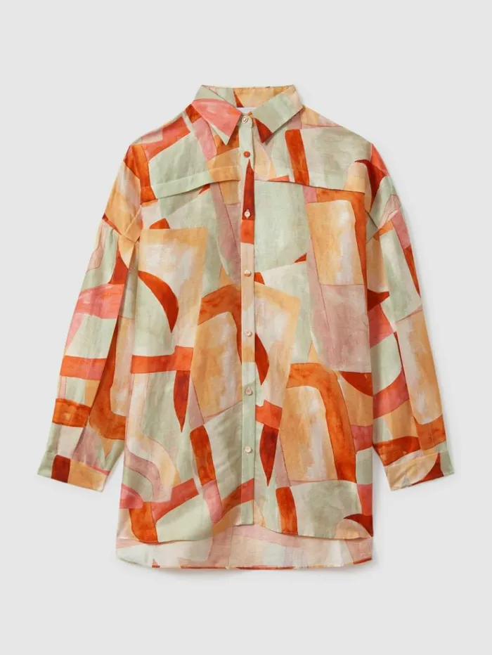 REISS Tops Women Acler Geometric Print Relaxed Fit Shirt Orange Multi