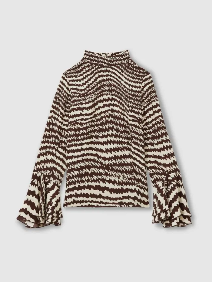 REISS Tops Women Florere Tiered Sleeve Chocolate Blouse Chocolate