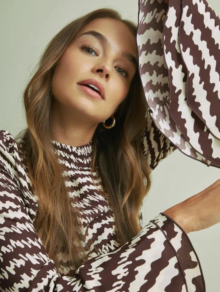 REISS Tops Women Florere Tiered Sleeve Chocolate Blouse Chocolate