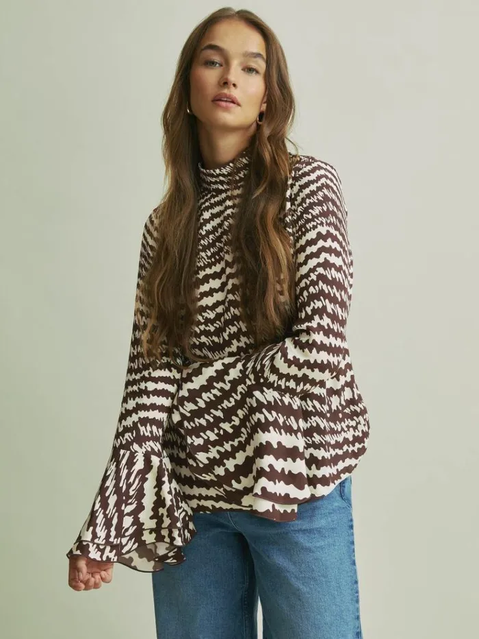 REISS Tops Women Florere Tiered Sleeve Chocolate Blouse Chocolate