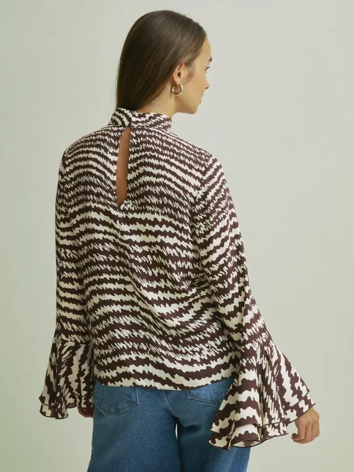 REISS Tops Women Florere Tiered Sleeve Chocolate Blouse Chocolate