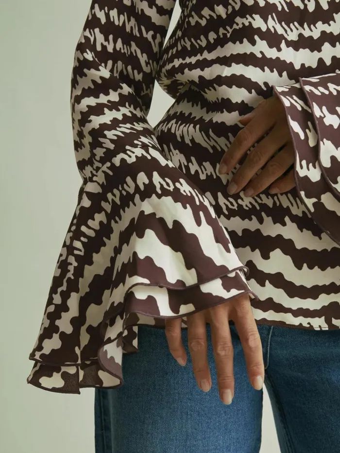 REISS Tops Women Florere Tiered Sleeve Chocolate Blouse Chocolate