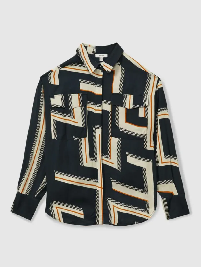 REISS Tops Women Geometric Print Button Through Shirt Navy