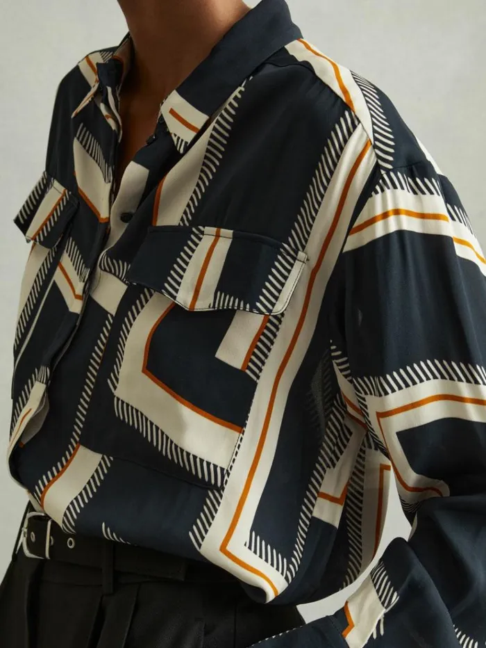 REISS Tops Women Geometric Print Button Through Shirt Navy
