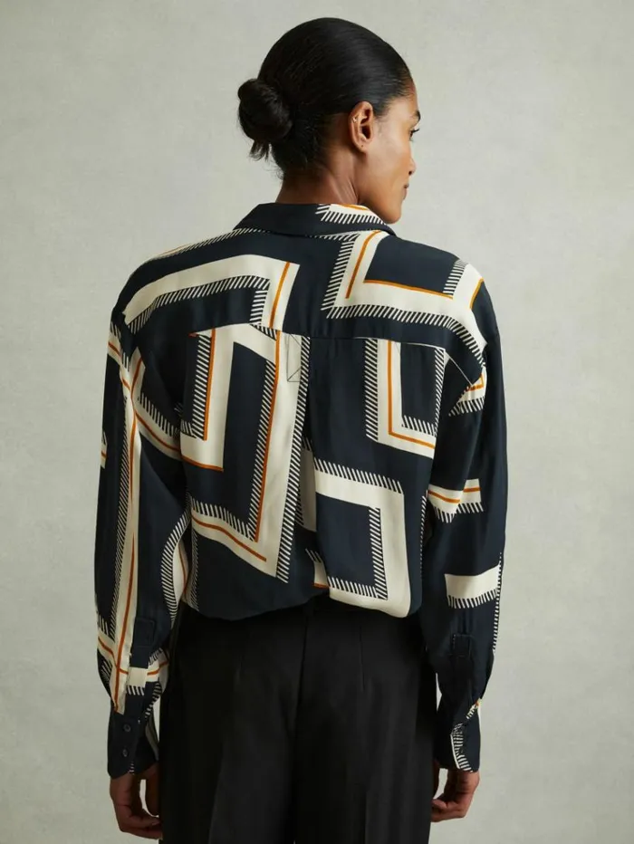REISS Tops Women Geometric Print Button Through Shirt Navy