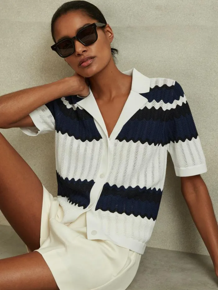 REISS Tops Women Knitted Colourblock Cuban Collar Shirt Navywhite