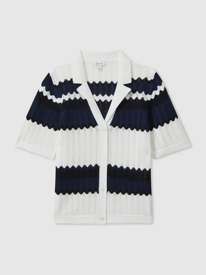 REISS Tops Women Knitted Colourblock Cuban Collar Shirt Navywhite