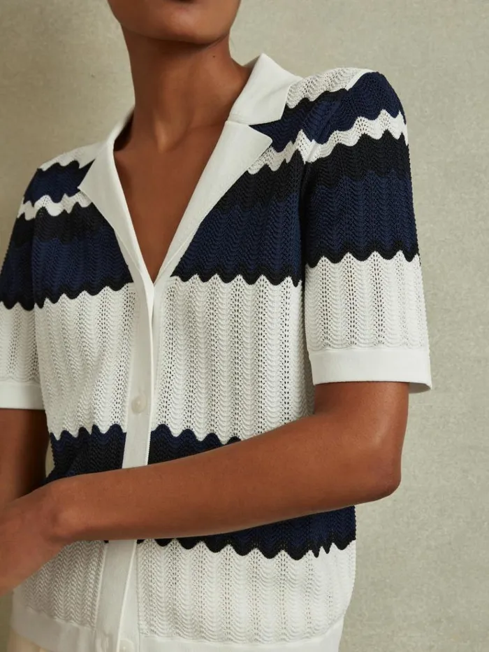 REISS Tops Women Knitted Colourblock Cuban Collar Shirt Navywhite
