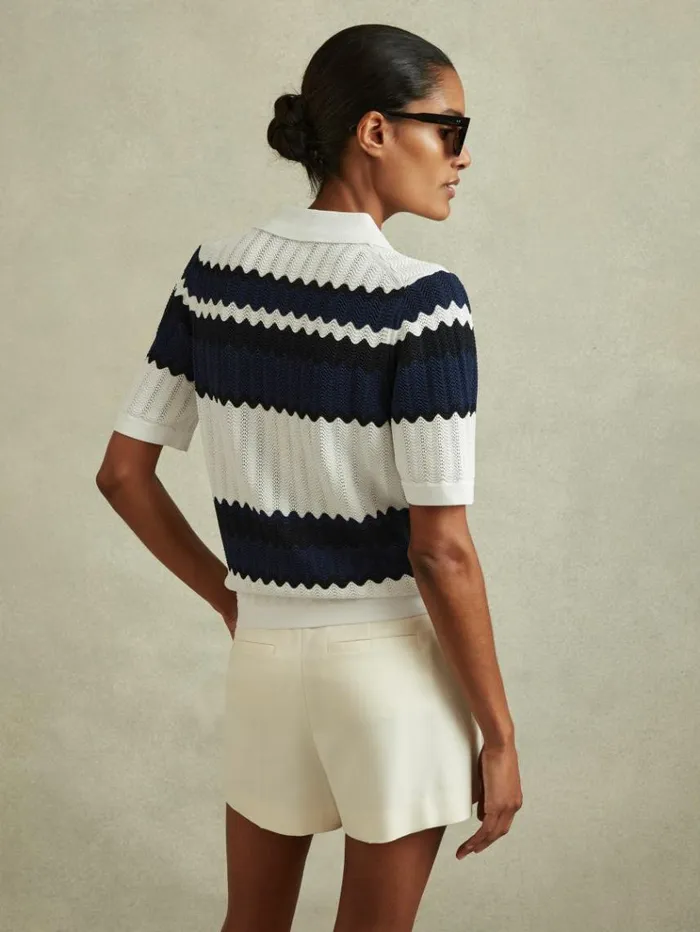 REISS Tops Women Knitted Colourblock Cuban Collar Shirt Navywhite