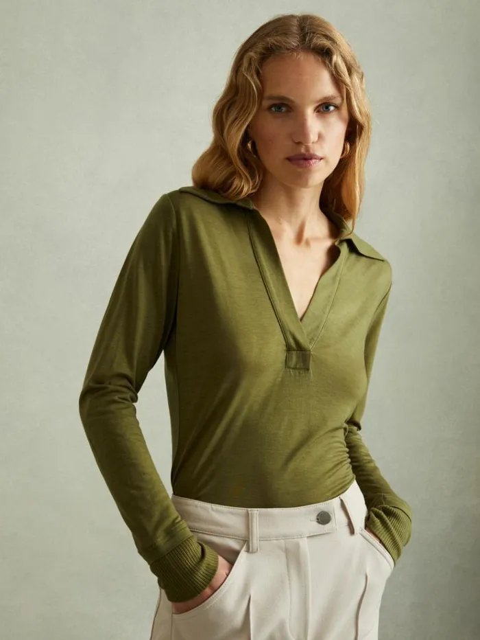 REISS Tops Women Lyocell Wool Open Collar Top Green