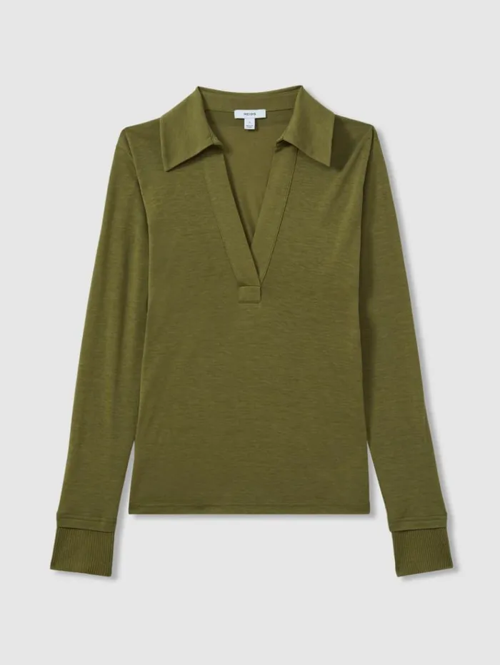 REISS Tops Women Lyocell Wool Open Collar Top Green