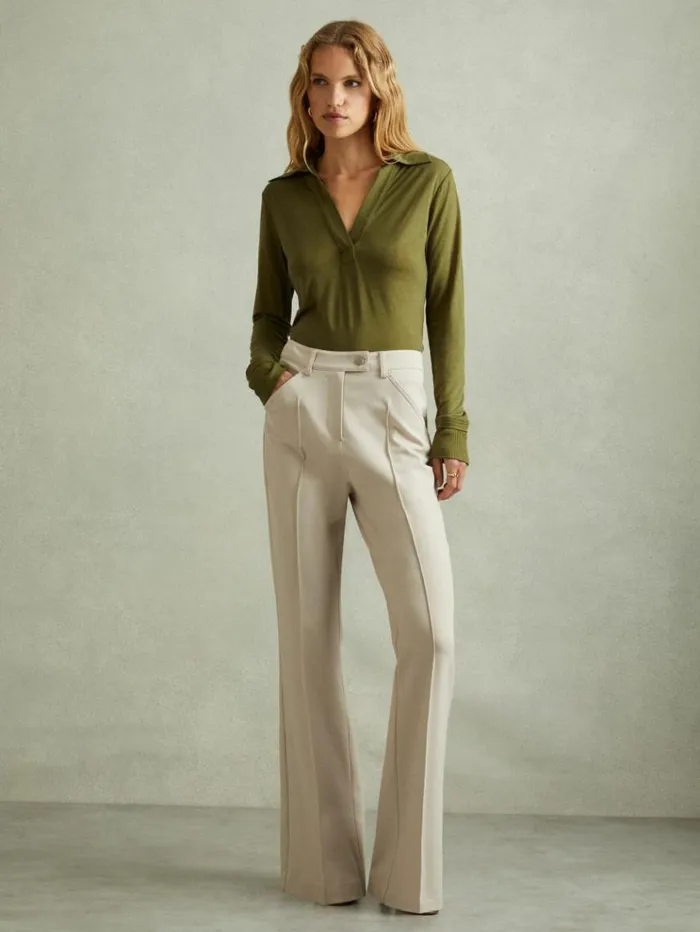 REISS Tops Women Lyocell Wool Open Collar Top Green