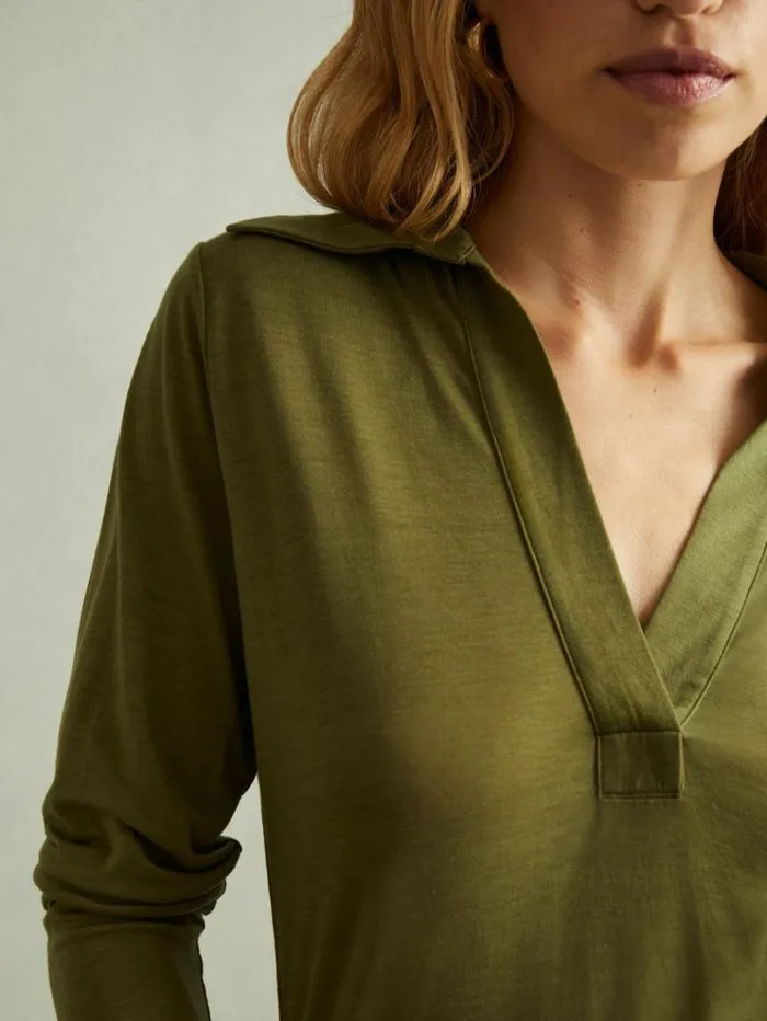 REISS Tops Women Lyocell Wool Open Collar Top Green