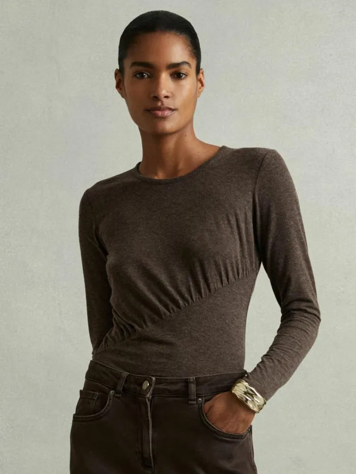 REISS Tops Women Marled Asymmetric Ruched Top Chocolate