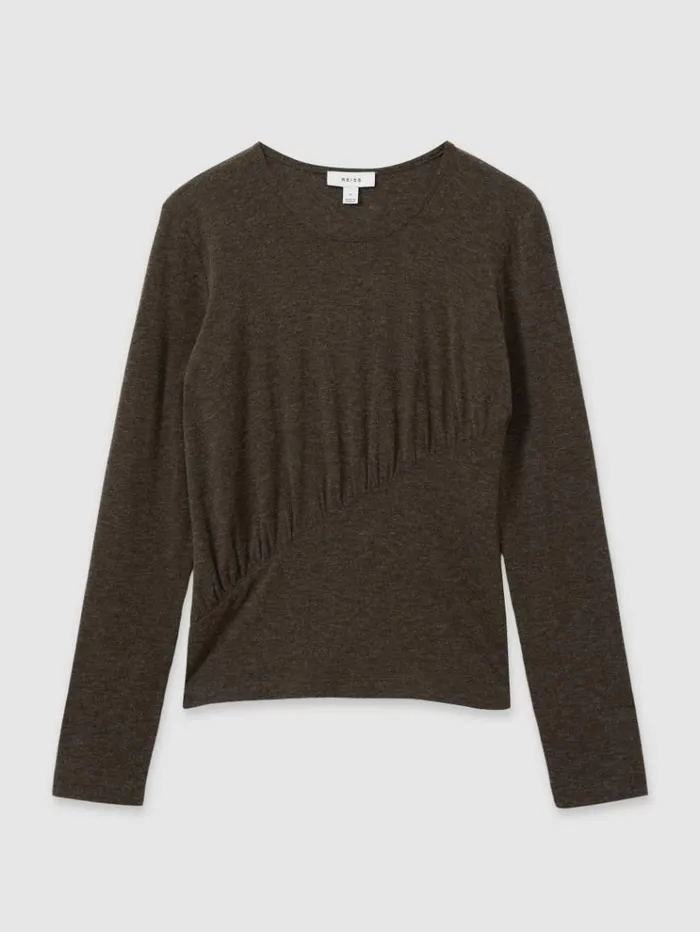 REISS Tops Women Marled Asymmetric Ruched Top Chocolate
