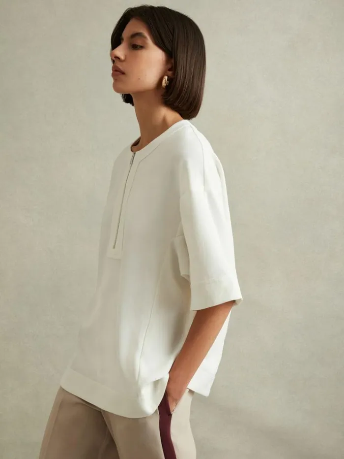 REISS Tops Women Relaxed HalfZip TShirt Ivory