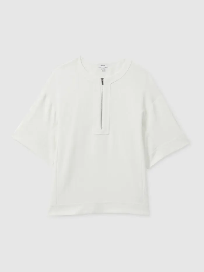 REISS Tops Women Relaxed HalfZip TShirt Ivory