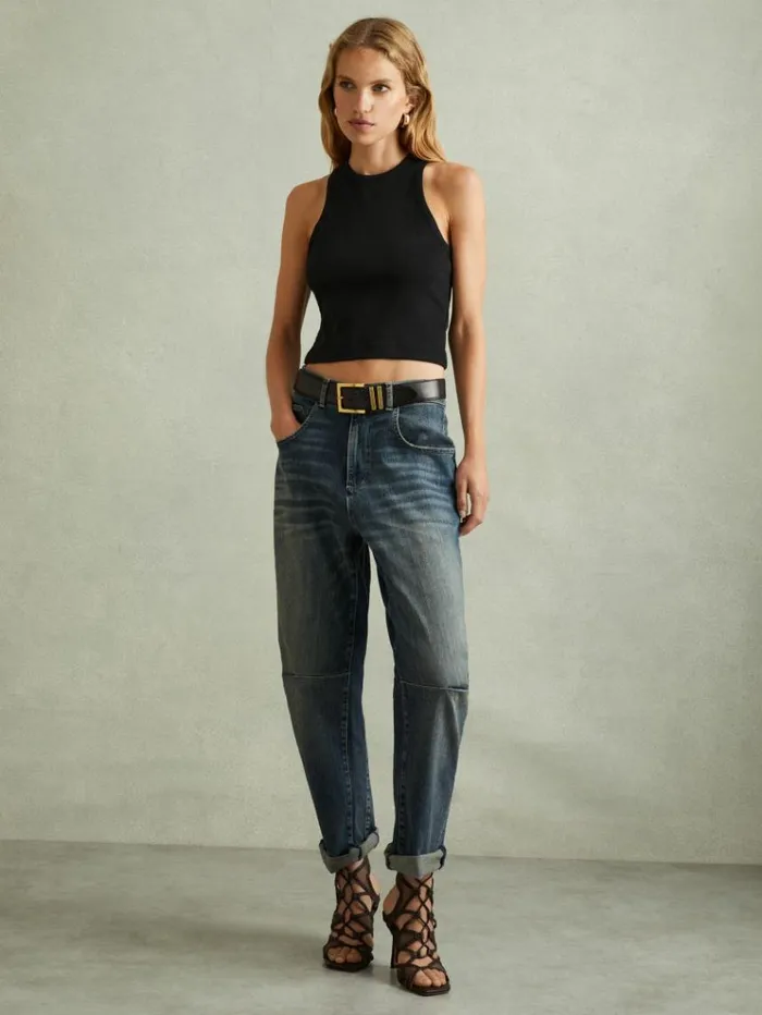 REISS Tops Women Ribbed Cotton Blend Cropped Vest Black