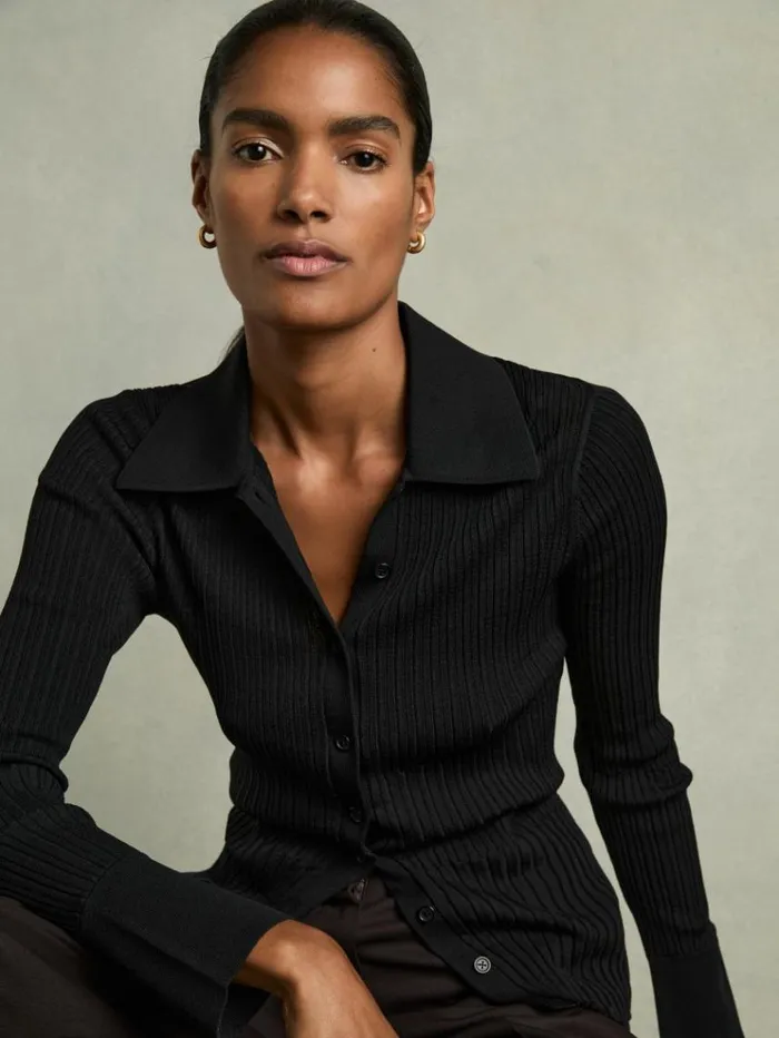 REISS Tops Women Ribbed Knitted Shirt Black