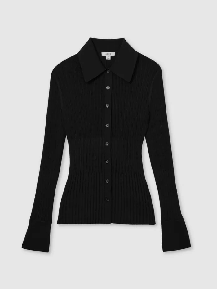 REISS Tops Women Ribbed Knitted Shirt Black