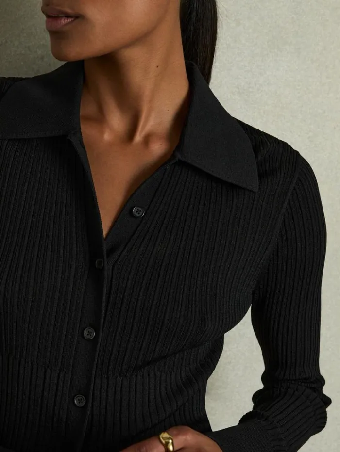 REISS Tops Women Ribbed Knitted Shirt Black