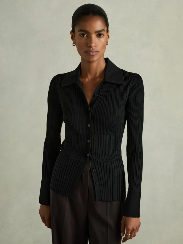 REISS Tops Women Ribbed Knitted Shirt Black