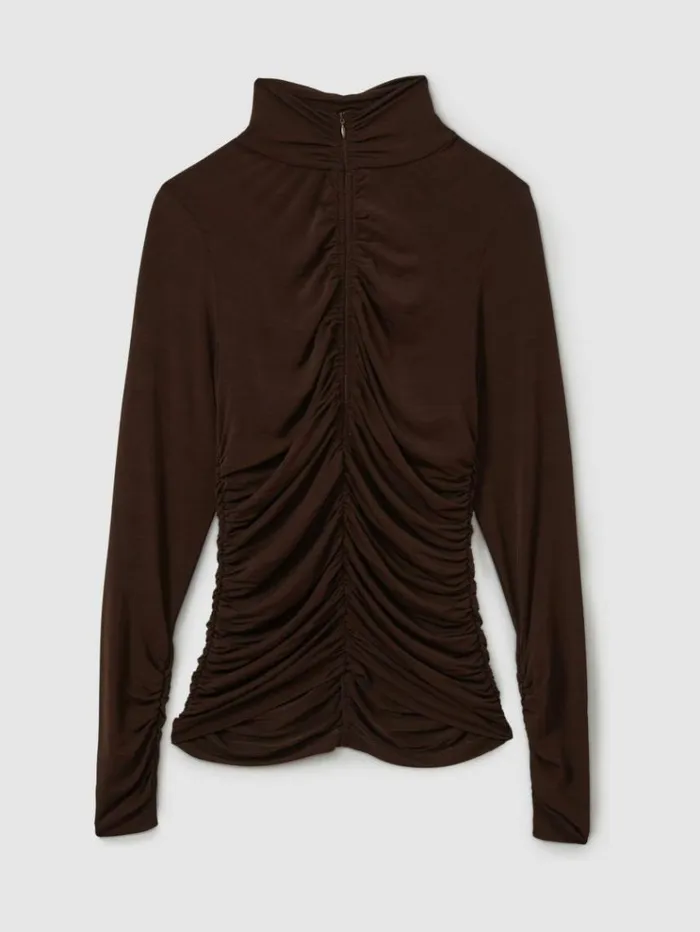 REISS Tops Women Ruched HighNeck Jersey Top Chocolate