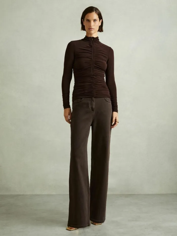 REISS Tops Women Ruched HighNeck Jersey Top Chocolate